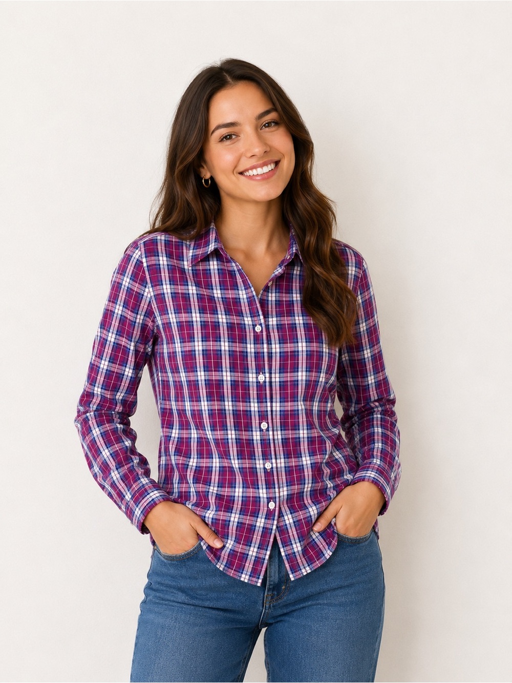 Lands’ End Plaid No Iron Pinpoint Oxford Button Up